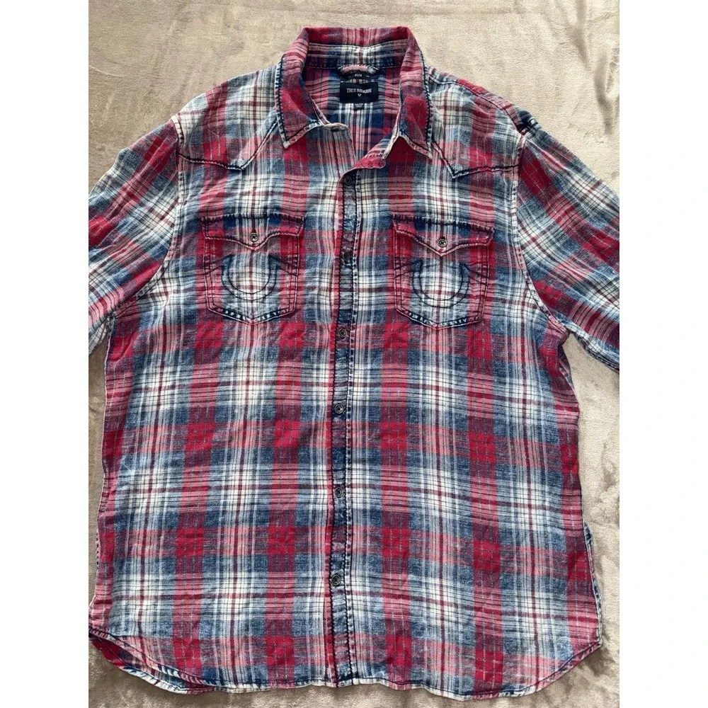 True Religion Men's Plaid Shirt Slim Fit Long Sleeve Red Blue Western Size‎ 2XL